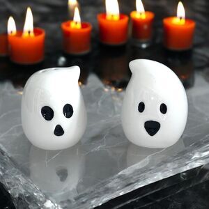 Happy Hauntings Halloween Mini White Cute Ghost Salt & Pepper Shaker Set 3” NEW